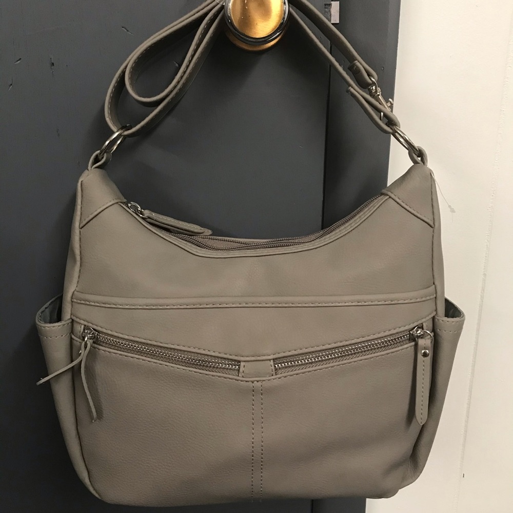 Gray faux leather over the shoulder purse